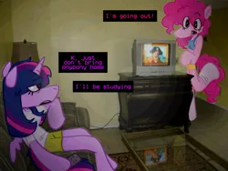 Size: 736x552 | Tagged: safe, artist:brynnstic, derpibooru import, pinkie pie, twilight sparkle, twilight sparkle (alicorn), alicorn, anthro, semi-anthro, unguligrade anthro, g4, bra, clothes, curly mane, deviantart, dialogue, eyelashes, female, females only, hooves, horn, image, lesbian, lidded eyes, my little pony, piercing, png, raised leg, roommates, shipping, shorts, small wings, socks, stockings, straight mane, text, thigh highs, twinkie, underwear, winged anthro, wings