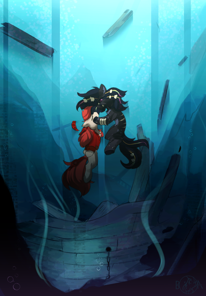 Size: 853x1222 | Tagged: safe, artist:beardie, derpibooru import, oc, oc:death, oc:rose, asphyxiation, drowning, female, image, png, underwater, water