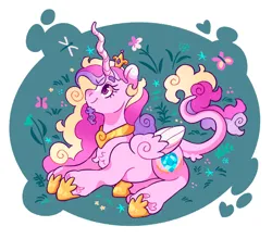 Size: 2048x1799 | Tagged: safe, artist:cocopudu, derpibooru import, princess cadance, alicorn, classical unicorn, dragonfly, insect, pony, unicorn, g4, beard, cloven hooves, facial hair, flower, hoof shoes, horn, image, leonine tail, png, smiling, solo, tail, unshorn fetlocks