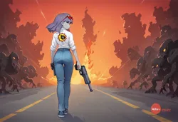 Size: 1216x832 | Tagged: safe, ai content, derpibooru import, machine learning assisted, machine learning generated, maud pie, human, g4, clothes, denim, fire, humanized, image, jeans, jpeg, monster, pants, rear view, road, serious sam, shirt, solo, sunglasses, walking, weapon