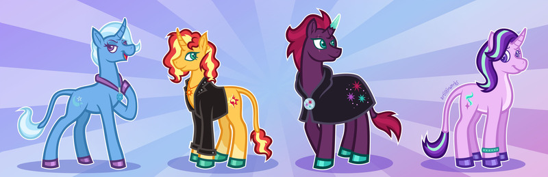 Size: 5094x1648 | Tagged: safe, artist:artisticwerks, derpibooru import, starlight glimmer, sunset shimmer, tempest shadow, trixie, pony, g4, clothes, image, jacket, jpeg