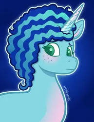 Size: 2545x3297 | Tagged: safe, artist:artisticwerks, derpibooru import, pony, unicorn, g5, blue background, horn, image, jpeg, misty brightdawn, simple background, solo