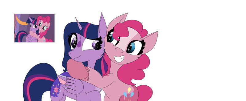 Size: 1280x528 | Tagged: safe, artist:gemlover10000backup, derpibooru import, pinkie pie, twilight sparkle, twilight sparkle (alicorn), alicorn, earth pony, pony, g4, female, image, jpeg, lesbian, redraw, shipping, simple background, twinkie, white background