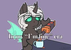 Size: 1548x1084 | Tagged: safe, artist:bluebookarts, derpibooru import, oc, oc:kitu elder, changeling, changeling queen, apple cider, changeling oc, commission, cup, ears, female, gray coat, horn, image, insect wings, jpeg, pouring, simple background, spill, teal eyes, text, white mane, wings, ych result