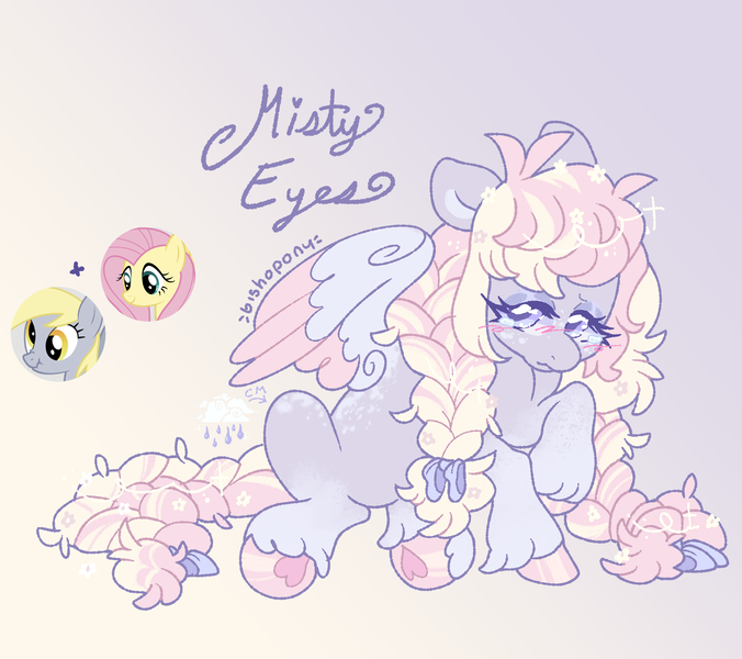 Size: 2197x1949 | Tagged: safe, artist:bishopony, derpibooru import, derpy hooves, fluttershy, oc, oc:misty eyes, pegasus, pony, g4, blush scribble, blushing, bow, braid, braided ponytail, braided tail, coat markings, colored hooves, colored pinnae, colored pupils, colored underhoof, colored wings, colored wingtips, crying, dappled, eyelashes, eyeshadow, facial markings, female, floppy ears, flower, flower in hair, flower in tail, fusion, fusion:derpy hooves, fusion:fluttershy, gradient background, gradient legs, hair bow, hair ribbon, high res, hoof heart, hooves, image, lavender coat, lavender eyes, lidded eyes, long mane, long tail, makeup, mare, name, partially open wings, pastel, pink hooves, pink wingtips, png, ponytail, purple coat, purple eyes, purple eyeshadow, purple pupils, purple text, raised hoof, ribbon, shiny hooves, shiny mane, shiny tail, signature, sitting, smiling, tail, tail bow, three quarter view, tied mane, two toned mane, two toned tail, two toned wings, underhoof, unshorn fetlocks, wings