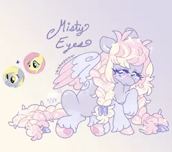 Size: 2197x1949 | Tagged: safe, artist:bishopony, derpibooru import, derpy hooves, fluttershy, oc, oc:misty eyes, pegasus, pony, g4, blush scribble, blushing, bow, braid, braided ponytail, braided tail, coat markings, colored hooves, colored pinnae, colored pupils, colored underhoof, colored wings, colored wingtips, crying, dappled, eyelashes, eyeshadow, facial markings, female, floppy ears, flower, flower in hair, flower in tail, fusion, fusion:derpy hooves, fusion:fluttershy, gradient background, gradient legs, hair bow, hair ribbon, high res, hoof heart, hooves, image, lavender coat, lavender eyes, lidded eyes, long mane, long tail, makeup, mare, name, partially open wings, pastel, pink hooves, pink wingtips, png, ponytail, purple coat, purple eyes, purple eyeshadow, purple pupils, purple text, raised hoof, ribbon, shiny hooves, shiny mane, shiny tail, signature, sitting, smiling, tail, tail bow, three quarter view, tied mane, two toned mane, two toned tail, two toned wings, underhoof, unshorn fetlocks, wings