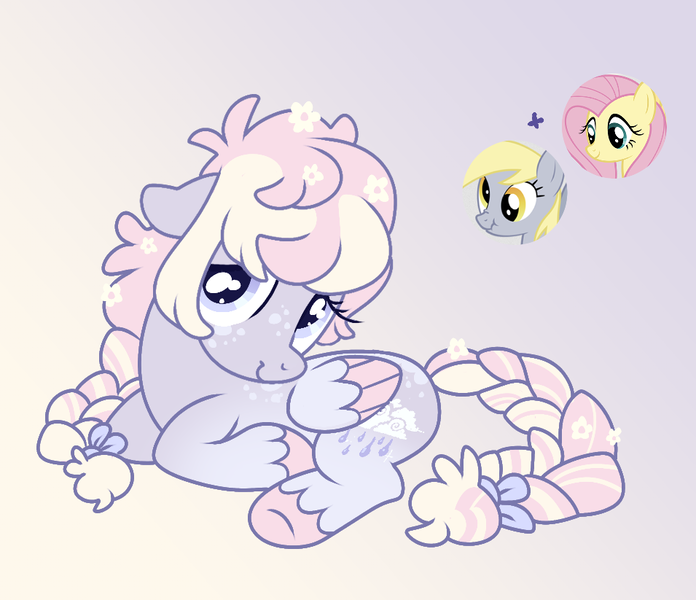 Size: 955x823 | Tagged: safe, artist:bishopony, derpibooru import, derpy hooves, fluttershy, oc, oc:misty eyes, pegasus, pony, g4, bow, braid, braided ponytail, braided tail, coat markings, colored hooves, colored wings, colored wingtips, dappled, eyelashes, facial markings, female, floppy ears, flower, flower in hair, flower in tail, folded wings, fusion, fusion:derpy hooves, fusion:fluttershy, gradient background, gradient legs, hair bow, hair ribbon, hooves, image, lavender coat, lavender eyes, lidded eyes, long mane, long tail, lying down, mare, pastel, pink hooves, pink wingtips, png, ponytail, prone, purple coat, purple eyes, ribbon, signature, smiling, tail, tail bow, three quarter view, tied mane, turned head, two toned mane, two toned tail, two toned wings, unshorn fetlocks, wings