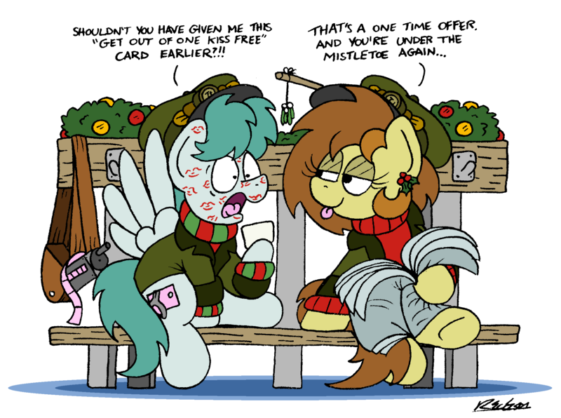 Size: 2223x1656 | Tagged: safe, artist:bobthedalek, derpibooru import, oc, oc:bubble pump, oc:clippy ticket, unofficial characters only, earth pony, pegasus, pony, bag, bench, break room, clothes, hearth's warming, heat, image, jacket, kiss mark, lipstick, mistletoe, newspaper, panic, panicking, png, sweater, tongue out