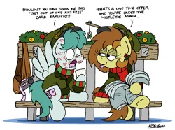 Size: 2223x1656 | Tagged: safe, artist:bobthedalek, derpibooru import, oc, oc:bubble pump, oc:clippy ticket, unofficial characters only, earth pony, pegasus, pony, bag, bench, break room, clothes, hearth's warming, heat, image, jacket, kiss mark, lipstick, mistletoe, newspaper, panic, panicking, png, sweater, tongue out