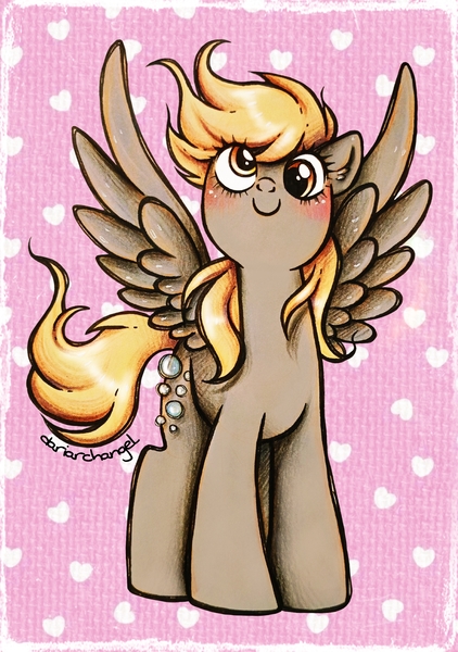 Size: 2179x3096 | Tagged: safe, artist:dariarchangel, derpibooru import, derpy hooves, pegasus, pony, g4, 3d cutie mark, adorable face, blonde, blonde hair, blonde mane, blonde tail, blushing, bubble, c:, cross-eyed, cute, cute face, cute smile, derp, derpabetes, female, gray coat, heart, high res, image, jpeg, looking up, mare, passepartout, patterned background, pegasus wings, smiling, solo, spread wings, standing, tail, traditional art, weapons-grade cute, wind, windswept hair, windswept mane, windswept tail, wings, yellow eyes