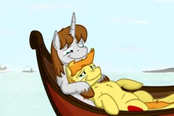 Size: 1800x1200 | Tagged: safe, artist:hoofclid, derpibooru import, braeburn, oc, oc:hoofclid, earth pony, pony, unicorn, g4, boat, canon x oc, cuddling, duo, duo male, gay, hatless, horn, image, lidded eyes, looking at each other, looking at someone, male, missing accessory, png, shipping, smiling, smiling at each other, stallion, water