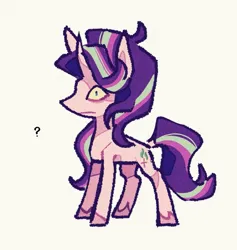 Size: 967x1020 | Tagged: safe, artist:disaterror, derpibooru import, starlight glimmer, pony, unicorn, g4, bags under eyes, colored hooves, curved horn, female, frown, hooves, horn, image, jpeg, mare, no catchlights, pink coat, pink hooves, profile, question mark, shrunken pupils, simple background, slit pupils, solo, standing, tall ears, thin, three toned mane, three toned tail, unicorn horn, unshorn fetlocks, white background