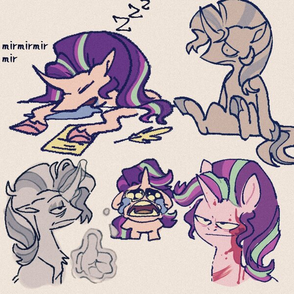 Size: 1500x1500 | Tagged: safe, artist:disaterror, derpibooru import, starlight glimmer, pony, unicorn, g4, bags under eyes, bawling, bipedal, blood, chest fluff, colored hooves, crying, curved horn, doodle, doodle dump, drool, eyes closed, eyeshadow, female, floppy ears, frown, glow, glowing horn, hand, hooves, horn, image, implied violence, jpeg, looking down, magic, magic hands, makeup, mare, narrowed eyes, no catchlights, onomatopoeia, open mouth, paper, pink coat, pink hooves, profile, quill pen, raised leg, shrunken pupils, sitting, sleeping, smiling, solo, sound effects, spanish, standing, thin, three toned mane, three toned tail, thumbs up, tired, underhoof, unicorn horn, wingding eyes, zzz