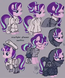 Size: 1500x1800 | Tagged: safe, artist:disaterror, derpibooru import, starlight glimmer, pony, unicorn, g4, alternate clothes, alternate hairstyle, bag, bags under eyes, bangs, base used, boots, clothes, coat, collared shirt, dictator, epaulettes, eyebrows, female, frown, gray background, hair bun, hat, hood, hoof boots, hoof shoes, horn, image, jacket, jewelry, jpeg, mare, mask, military hat, military uniform, narrowed eyes, necklace, noise, pants, peaked cap, pink coat, ponytail, purple eyes, raised eyebrow, raised hoof, robe, ruffled shirt, s5 starlight, saddle bag, sash, scarf, shirt, shoes, short mane, simple background, smiling, smirk, solo, standing, standing on three hooves, three quarter view, three toned mane, three toned tail, tied mane, tunic, turned head, unicorn horn, uniform, winter coat, winter outfit