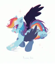 Size: 2400x2800 | Tagged: safe, artist:mirtash, derpibooru import, rainbow dash, pegasus, pony, g4, alternate design, alternate mane color, alternate tail color, black wings, blue coat, blue text, chromatic aberration, cloud coat pattern, coat markings, colored eyelashes, colored pinnae, colored pupils, colored underhoof, colored wings, ear fluff, eye markings, eyelashes, female, flying, high res, image, jpeg, leg markings, lidded eyes, lineless, looking back, magenta eyelashes, magenta eyes, magenta pupils, mare, multicolored mane, multicolored tail, name, one wing out, open mouth, open smile, pink eyes, profile, purple eyelashes, purple pupils, simple background, smiling, solo, sparkles, sparkly mane, sparkly tail, tail, twitterina design, underhoof, white background, wing fluff, wings