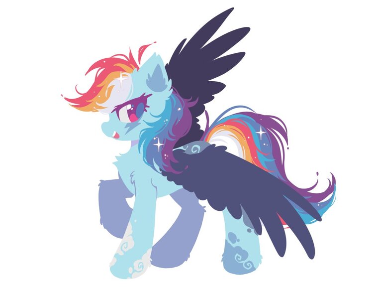 Size: 1163x921 | Tagged: safe, artist:mirtash, derpibooru import, rainbow dash, pegasus, pony, g4, alternate design, alternate mane color, alternate tail color, black wings, chest fluff, cloud coat pattern, coat markings, colored eyelashes, colored pinnae, colored pupils, colored wings, ear fluff, female, hock fluff, image, jpeg, leg fluff, leg markings, lineless, looking back, magenta eyelashes, magenta eyes, magenta pupils, mare, multicolored mane, multicolored tail, one wing out, open mouth, open smile, pink eyes, profile, purple eyelashes, purple pupils, raised hoof, shiny eyes, shoulder fluff, simple background, smiling, solo, sparkles, sparkly mane, sparkly tail, standing, standing on three hooves, tail, twitterina design, white background, wing fluff, wings