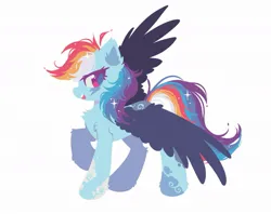 Size: 1163x921 | Tagged: safe, artist:mirtash, derpibooru import, rainbow dash, pegasus, pony, g4, alternate design, alternate mane color, alternate tail color, black wings, chest fluff, cloud coat pattern, coat markings, colored eyelashes, colored pinnae, colored pupils, colored wings, ear fluff, female, hock fluff, image, jpeg, leg fluff, leg markings, lineless, looking back, magenta eyelashes, magenta eyes, magenta pupils, mare, multicolored mane, multicolored tail, one wing out, open mouth, open smile, pink eyes, profile, purple eyelashes, purple pupils, raised hoof, shiny eyes, shoulder fluff, simple background, smiling, solo, sparkles, sparkly mane, sparkly tail, standing, standing on three hooves, tail, twitterina design, white background, wing fluff, wings