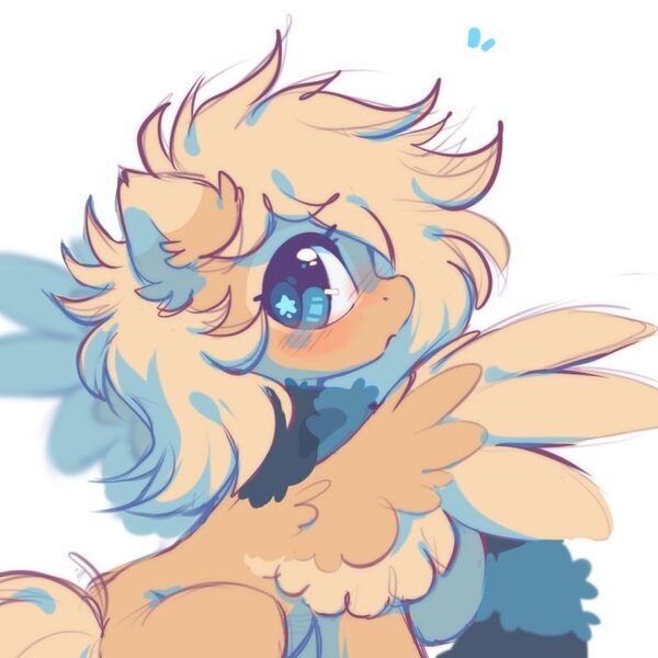 Size: 705x705 | Tagged: safe, artist:mirtash, derpibooru import, oc, oc:mirta whoowlms, unofficial characters only, pegasus, pony, blonde mane, blonde tail, blue eyes, blue pupils, blush lines, blushing, clothes, colored eartips, colored pupils, colored wings, colored wingtips, ear fluff, emanata, eye markings, eyelashes, facial markings, female, female oc, fluffy, fluffy mane, image, jpeg, looking back, mare, mare oc, open mouth, pegasus oc, plewds, ponysona, profile, scarf, shiny eyes, solo, spread wings, starry eyes, striped scarf, tail, two toned wings, wing fluff, wingding eyes, wings, yellow coat, yellow wingtips