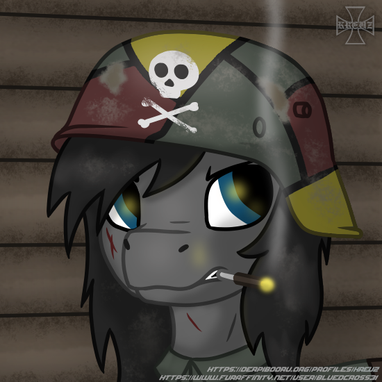 Size: 550x550 | Tagged: semi-grimdark, artist:kreuz, derpibooru import, oc, oc:manfred, unofficial characters only, earth pony, pony, bust, earth pony oc, germany, image, png, portrait, smoking, solo, trench, world war i