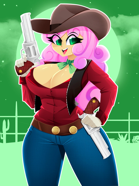 Size: 1500x2000 | Tagged: safe, artist:xan-gelx, derpibooru import, oc, oc:quickdraw, unofficial characters only, human, equestria girls, g4, belt, big breasts, breasts, button-up shirt, cleavage, clothes, commissioner:dhs, complex background, cowboy hat, cowgirl, curly mane, denim, eye clipping through hair, eyebrows, eyebrows visible through hair, female, fence, gloves, green background, gun, handgun, hat, image, jeans, looking at you, necktie, open mouth, open smile, pants, perspective error, png, revolver, shirt, simple background, smiling, solo, vest, weapon