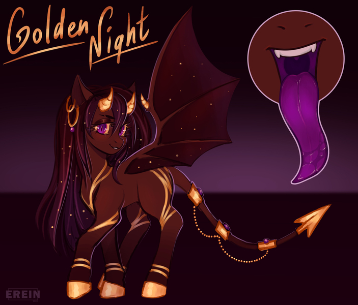 Size: 2344x2000 | Tagged: safe, artist:erein, derpibooru import, oc, oc:golden night, unofficial characters only, demon, demon pony, incubus, original species, pony, succubus, bat wings, brown coat, brown mane, coat markings, colored sclera, demon wings, devil tail, ear piercing, ears, ears up, eyebrows, eyeshadow, fangs, female, gold, gradient background, high res, horns, image, jewelry, jpeg, long tongue, looking at you, makeup, mare, piercing, purple eyes, reference sheet, solo, tail, text, tongue out, wings, yellow sclera