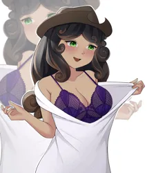 Size: 3693x4332 | Tagged: suggestive, artist:mikomy_artist, derpibooru import, oc, oc:quickdraw, human, black hair, blushing, bra, breasts, cleavage, clothes, commissioner:dhs, cowboy hat, curly hair, green eyes, half body, happy, hat, image, jpeg, lingerie, pulling clothes, purple bra, simple background, two toned hair, underwear, undressing, white dress