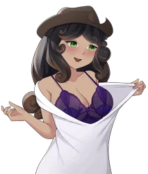 Size: 3693x4332 | Tagged: suggestive, artist:mikomy_artist, derpibooru import, oc, oc:quickdraw, human, black hair, blushing, bra, breasts, cleavage, clothes, commissioner:dhs, cowboy hat, curly hair, green eyes, half body, happy, hat, image, lingerie, png, pulling clothes, purple bra, simple background, transparent background, two toned hair, underwear, undressing, white dress