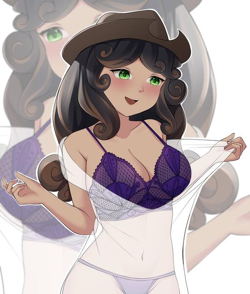 Size: 3693x4332 | Tagged: suggestive, artist:mikomy_artist, derpibooru import, oc, oc:quickdraw, human, black hair, blushing, bra, breasts, cleavage, clothes, commissioner:dhs, cowboy hat, curly hair, green eyes, half body, happy, hat, image, jpeg, lingerie, panties, pulling clothes, purple bra, see-through, simple background, two toned hair, underwear, undressing, white dress