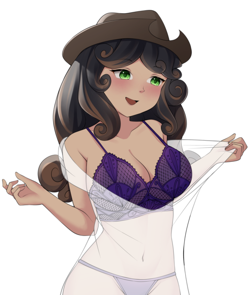 Size: 3693x4332 | Tagged: suggestive, artist:mikomy_artist, derpibooru import, oc, oc:quickdraw, human, black hair, blushing, bra, breasts, cleavage, clothes, commissioner:dhs, cowboy hat, curly hair, green eyes, half body, happy, hat, image, lingerie, panties, png, pulling clothes, purple bra, see-through, simple background, transparent background, two toned hair, underwear, undressing, white dress