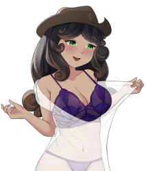 Size: 3693x4332 | Tagged: suggestive, artist:mikomy_artist, derpibooru import, oc, oc:quickdraw, human, black hair, blushing, bra, breasts, cleavage, clothes, commissioner:dhs, cowboy hat, curly hair, green eyes, half body, happy, hat, image, lingerie, panties, png, pulling clothes, purple bra, see-through, simple background, transparent background, two toned hair, underwear, undressing, white dress