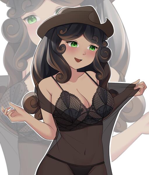 Size: 3693x4332 | Tagged: suggestive, artist:mikomy_artist, derpibooru import, oc, oc:quickdraw, human, black bra, black dress, black hair, black underwear, blushing, bra, breasts, cleavage, clothes, commissioner:dhs, cowboy hat, curly hair, dress, green eyes, half body, happy, hat, image, jpeg, lingerie, panties, pulling clothes, see-through, simple background, two toned hair, underwear, undressing