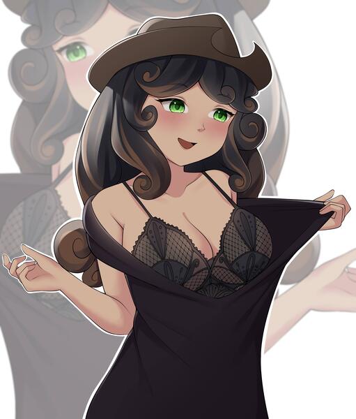 Size: 3693x4332 | Tagged: suggestive, artist:mikomy_artist, derpibooru import, oc, oc:quickdraw, human, black bra, black dress, black hair, black underwear, blushing, bra, breasts, cleavage, clothes, commissioner:dhs, cowboy hat, curly hair, dress, green eyes, half body, happy, hat, image, jpeg, lingerie, pulling clothes, simple background, two toned hair, underwear, undressing