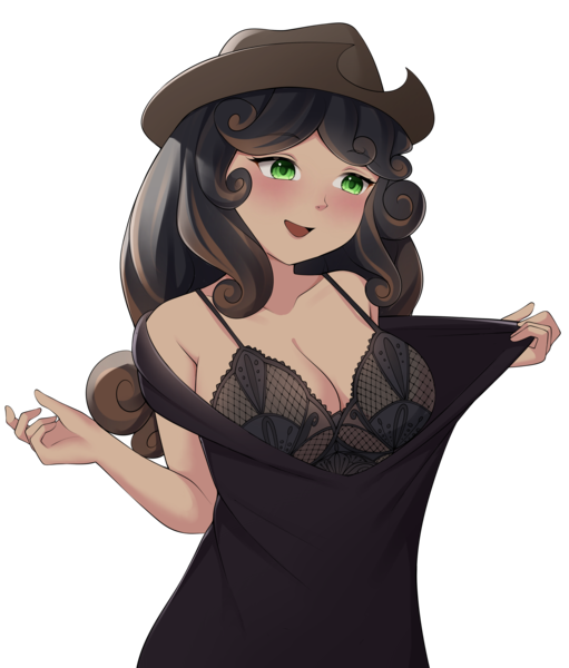 Size: 3693x4332 | Tagged: suggestive, artist:mikomy_artist, derpibooru import, oc, oc:quickdraw, human, black bra, black dress, black hair, black underwear, blushing, bra, breasts, cleavage, clothes, commissioner:dhs, cowboy hat, curly hair, dress, green eyes, half body, happy, hat, image, lingerie, png, pulling clothes, simple background, transparent background, two toned hair, underwear, undressing