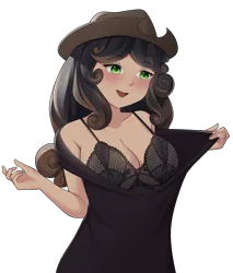 Size: 3693x4332 | Tagged: suggestive, artist:mikomy_artist, derpibooru import, oc, oc:quickdraw, human, black bra, black dress, black hair, black underwear, blushing, bra, breasts, cleavage, clothes, commissioner:dhs, cowboy hat, curly hair, dress, green eyes, half body, happy, hat, image, lingerie, png, pulling clothes, simple background, transparent background, two toned hair, underwear, undressing