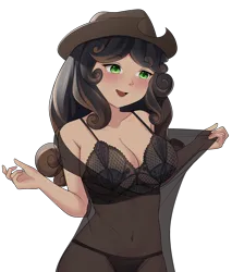 Size: 3693x4332 | Tagged: suggestive, artist:mikomy_artist, derpibooru import, oc, oc:quickdraw, human, black bra, black dress, black hair, black underwear, blushing, bra, breasts, cleavage, clothes, commissioner:dhs, cowboy hat, curly hair, dress, green eyes, half body, happy, hat, image, lingerie, panties, png, pulling clothes, see-through, simple background, transparent background, two toned hair, underwear, undressing