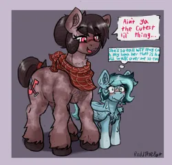 Size: 1940x1866 | Tagged: safe, artist:reddthebat, derpibooru import, oc, oc:alaska (reddthebat), oc:number nine, unofficial characters only, earth pony, pegasus, pony, bandana, blaze (coat marking), blushing, chest fluff, coat markings, dialogue, duo, duo female, ear fluff, facial markings, female, height difference, image, lidded eyes, mare, open mouth, open smile, png, smiling, socks (coat marking), sweat, thought bubble, unshorn fetlocks