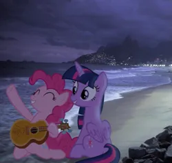 Size: 491x465 | Tagged: safe, derpibooru import, nightmare moon, pinkie pie, twilight sparkle, alicorn, earth pony, pony, g4, beach, female, guitar, image, irl, lesbian, mare, musical instrument, photo, png, ponies in real life, shipping, twinkie