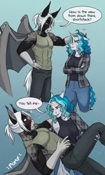 Size: 2262x3782 | Tagged: safe, artist:askbubblelee, derpibooru import, oc, oc:bubble lee, oc:victor bates, anthro, bat pony, pony, unguligrade anthro, unicorn, alternate universe, anthro oc, bat pony oc, bat wings, blushing, carrying, clothes, comic, dialogue, digital art, fangs, female, floppy ears, freckles, gradient background, horn, image, mare, plaid shirt, png, shirt, size difference, smiling, speech bubble, unamused, unicorn oc, willowverse, wings