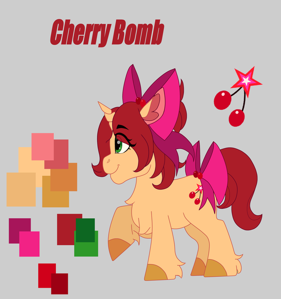 Size: 1757x1870 | Tagged: safe, derpibooru import, oc, oc:cherry bomb, pony, unicorn, fallout equestria, bow, female, filly, foal, green eyes, hair bow, horn, image, png, reference sheet, solo, tail, tail bow, unshorn fetlocks