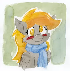 Size: 1045x1063 | Tagged: safe, artist:lost marbles, derpibooru import, derpy hooves, pegasus, pony, g4, blushing, cheek fluff, clothes, female, image, mare, mixed media, png, scarf, smiling, solo, traditional art, watercolor painting, wings