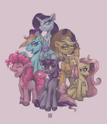 Size: 968x1122 | Tagged: safe, artist:helioclawnix, derpibooru import, applejack, fluttershy, pinkie pie, rainbow dash, rarity, twilight sparkle, twilight sparkle (alicorn), alicorn, earth pony, pegasus, unicorn, colored hooves, digital art, glasses, group shot, hooves, horn, image, jewelry, mane six, necklace, pixel art, png, signature, simple background, smiling