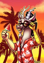 Size: 1024x1443 | Tagged: safe, artist:kruszynka25, derpibooru import, discord, draconequus, g4, clothes, food, hawaiian shirt, image, jpeg, male, palm tree, shirt, signature, solo, summer, sunglasses, tree, watermelon