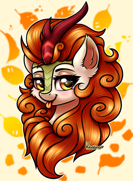 Size: 1625x2205 | Tagged: safe, artist:kruszynka25, derpibooru import, autumn blaze, kirin, pony, g4, :p, awwtumn blaze, bust, cute, female, image, mare, png, portrait, signature, smiling, solo, tongue out