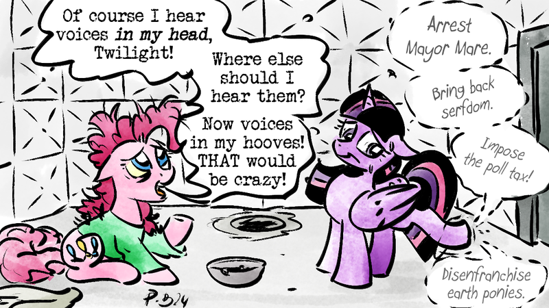 Size: 1200x675 | Tagged: safe, artist:pony-berserker, derpibooru import, part of a set, pinkie pie, twilight sparkle, twilight sparkle (alicorn), alicorn, g4, image, insane asylum, oh no, part of a series, png, pony-berserker's twitter sketches, pony-berserker's twitter sketches (2024), schizophrenia, subversion, the implications are horrible, voices in the head