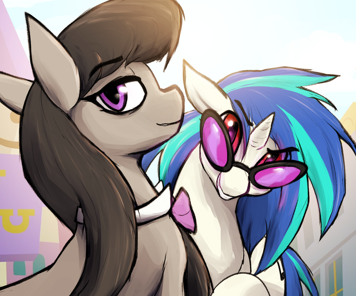 Size: 1301x1084 | Tagged: safe, artist:candel, derpibooru import, octavia melody, vinyl scratch, earth pony, pony, unicorn, g4, bowtie, canterlot, female, grin, horn, image, lidded eyes, looking at you, mare, png, smiling, sunglasses