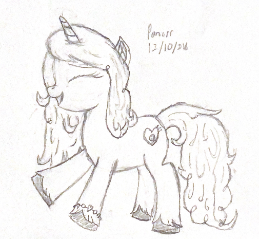 Size: 505x465 | Tagged: safe, artist:ponerr, derpibooru import, izzy moonbow, unicorn, g4, g5, date (time), ear fluff, eyes closed, friendship bracelet, g5 to g4, generation leap, happy, horn, image, jpeg, open smile, paper background, pencil drawing, signature, simple, sketch, standing on two hooves, traditional art, unshorn fetlocks