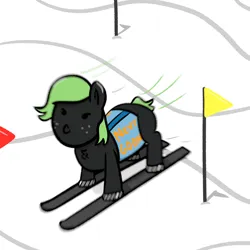 Size: 1500x1500 | Tagged: safe, artist:wren, ponerpics import, oc, oc:fanonlilly, pony, chest fluff, clothes, female, flag, freckles, image, mare, never goon, png, skiing, skis, slalom, smol, solo, vest