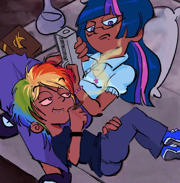 Size: 1453x1480 | Tagged: safe, artist:eeriezoundzz, artist:rdk, derpibooru import, twilight sparkle, human, g4, ass, blackwashing, bong, butt, drug use, female, gun, humanized, image, jpeg, piercing, pillow, smoking, weapon