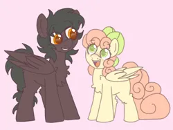 Size: 800x600 | Tagged: safe, artist:puppie, derpibooru import, oc, oc:soft sonance, oc:stormchaser, unofficial characters only, pegasus, pony, bow, couple, cute, duo, duo male and female, female, freckles, green eyes, hair bow, image, male, mare, orange eyes, pink background, png, simple background, stallion, wingding eyes