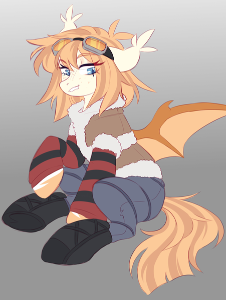 Size: 1538x2048 | Tagged: safe, artist:cheekipone, ponerpics import, oc, oc:honey milk, unofficial characters only, bat pony, pony, bat pony oc, bat wings, boots, clothes, ear tufts, eyebrows visible through hair, eyeshadow, fangs, female, floppy ears, freckles, goggles on head, gradient background, image, makeup, mare, pants, parka, png, raised hoof, shoes, sitting, smiling, socks, solo, spread wings, striped socks, two toned mane, two toned tail, unshorn fetlocks, wings, winter outfit